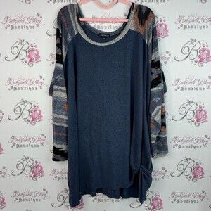 Warehouse one long sleeve Aztec boho Stylish Women's Navy and Multicolor Top